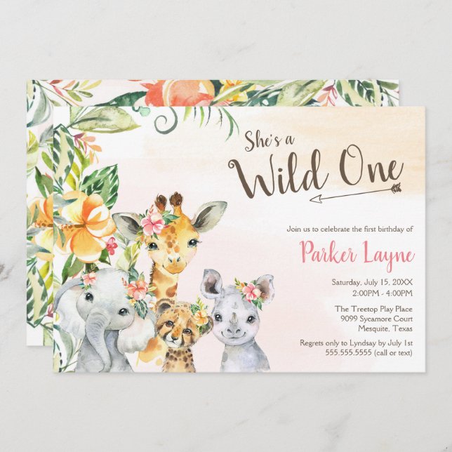 Wild One Lovely Safari Friends First Birthday Invitation (Front/Back)