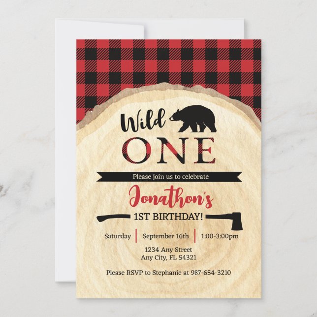 Wild One Lumberjack 1st Birthday Invitation (Front)