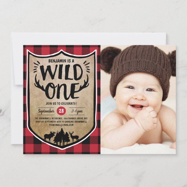 Wild One Lumberjack 1st Birthday Party Photo Invitation (Front)
