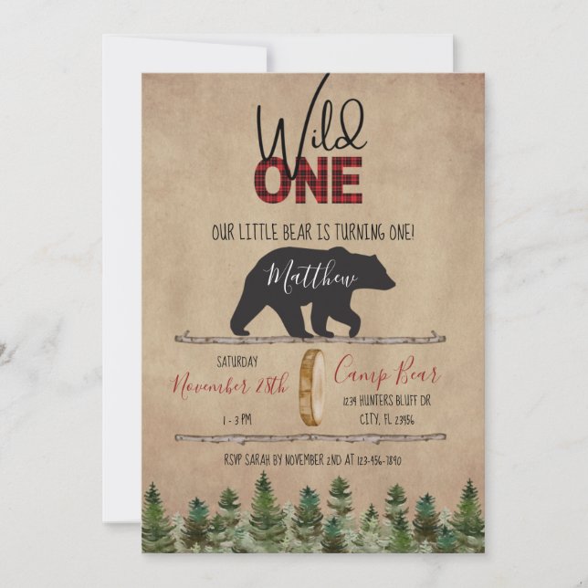 Wild One Lumberjack Birthday Printable Invitation (Front)