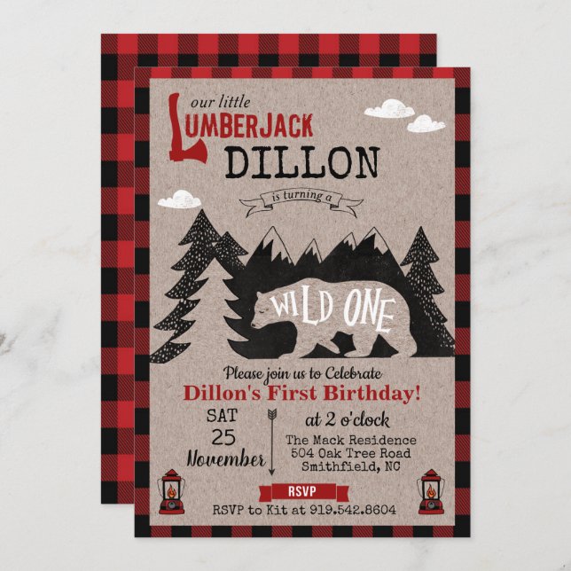Wild One Lumberjack First 1st Birthday Invitation (Front/Back)