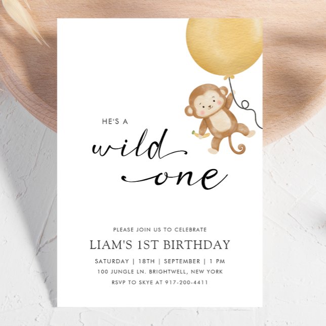 Wild One Minimalist Monkey First Birthday Invitation (Creator Uploaded)