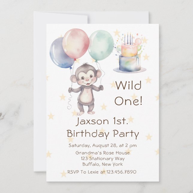 Wild One Monkey and Balloons 1st. Birthday Party Invitation (Front)