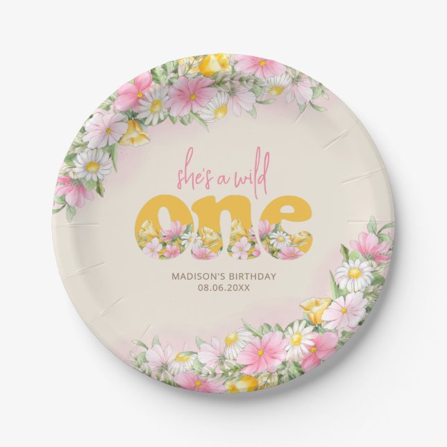 Wild One Mustard & Pink Wildflower Birthday Paper Plate (Front)