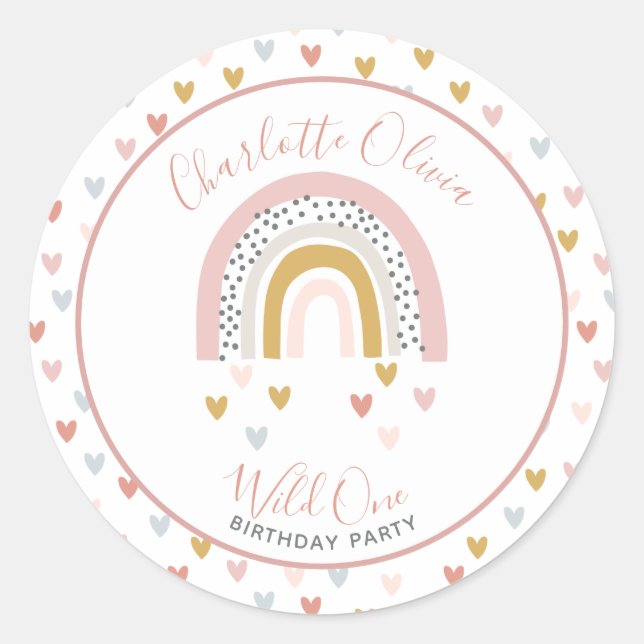 Wild One Muted Rainbow Girl's 1st Birthday Party Classic Round Sticker (Front)