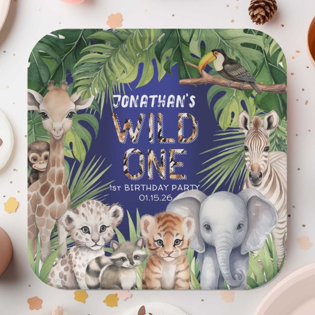Wild one Navy Blue Safari jungle 1st birthday Paper Plate (Creator Uploaded)