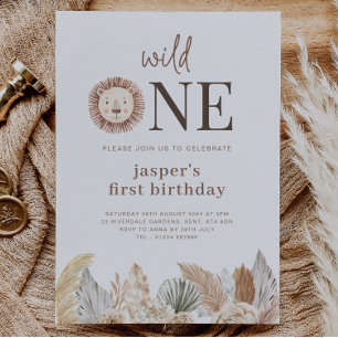 Wild One Neutral Leaves Birthday Invitation