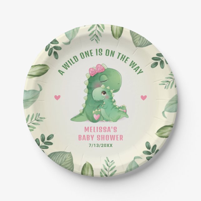 Wild One On The Way Dinosaur Pink Baby Girl Shower Paper Plate (Front)