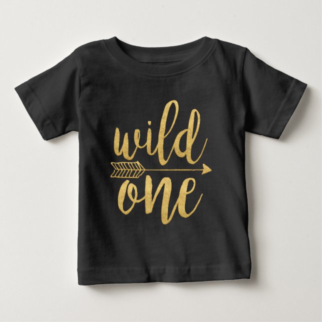Wild One|One Year Old Gold Script Baby T-Shirt (Front)