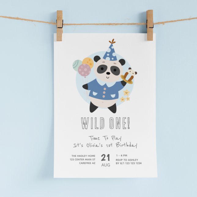 Wild One Panda Bear Blue 1st Birthday Invitation (Creator Uploaded)