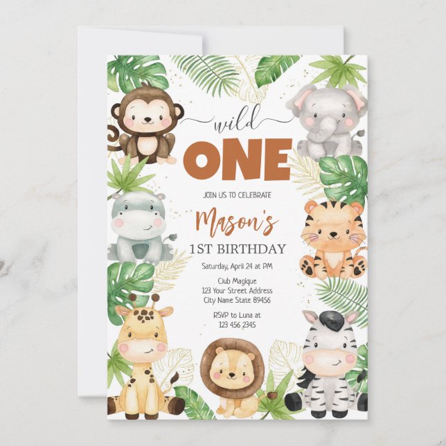 Wild One Party Animals Kids 1st Birthday Invitation (Front)