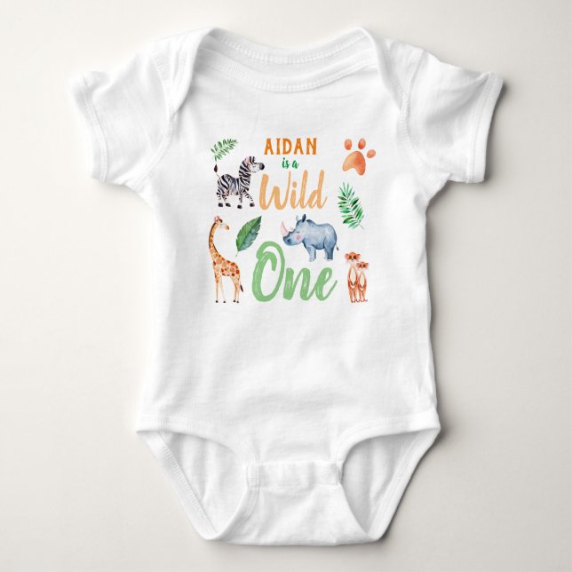 Wild One Personalised Safari Animal Birthday Baby Bodysuit (Front)