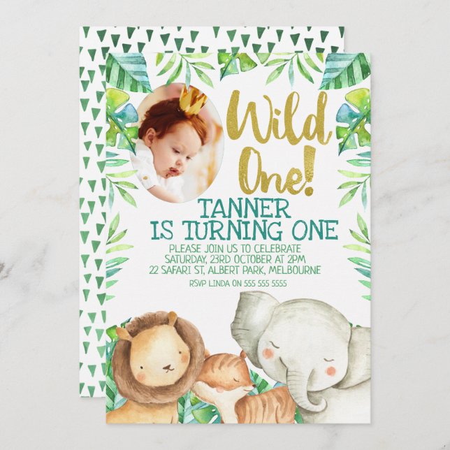 Wild One Photo Birthday Invitation Safari (Front/Back)