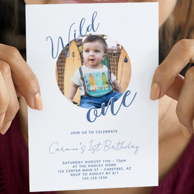 Wild One Photo Blue 1st Birthday Invitation (Creator Uploaded)