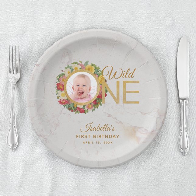 Wild One Photo Rose Wreath First Birthday Marble Paper Plate (Creator Uploaded)