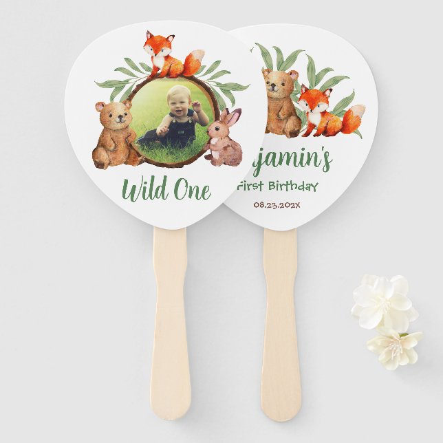 Wild One Photo Woodland Animals Fox First Birthday Hand Fan (Front and Back)