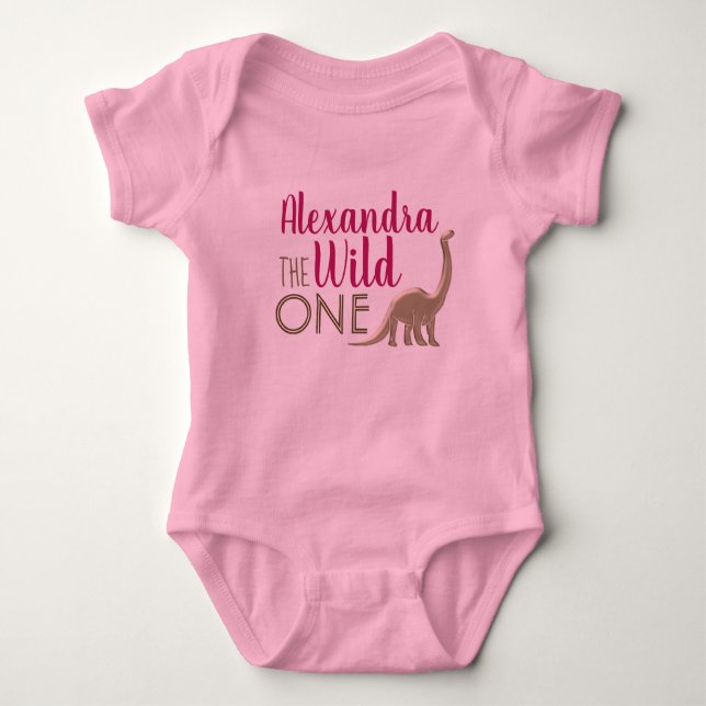 Wild One Pink and Gold Dinosaur 1st Birthday Baby Bodysuit (Front)