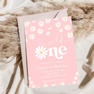 Wild One Pink Daisy Girl 1st Birthday Invitation