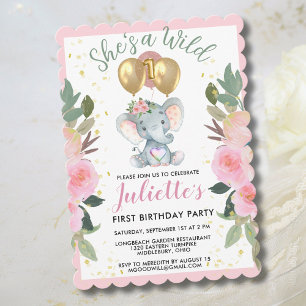 Wild One Pink Girl Elephant First Birthday Holiday Card