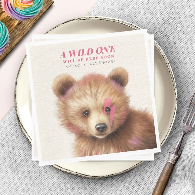 Wild One Pink Hair Bear Baby Shower Napkin (Creator Uploaded)