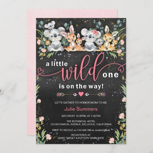 Wild One Pink Koala Kangaroo Baby Shower Invitation (Front/Back)