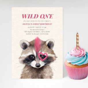 Wild One Pink Mohawk Racoon 1st Birthday Party Invitation