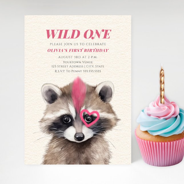 Wild One Pink Mohawk Racoon 1st Birthday Party Invitation (Creator Uploaded)