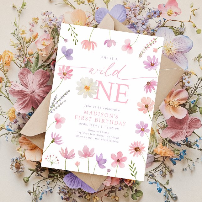 Wild One Pink Purple Wildflowers First Birthday Invitation (Creator Uploaded)