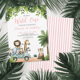 Wild One Pink Safari 1st Birthday Party Invitation