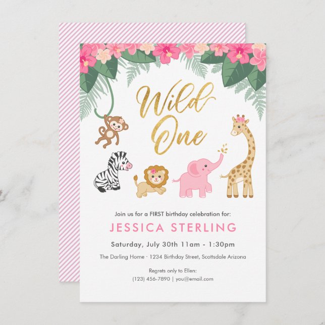 Wild ONE - Pink Safari Girl's FIRST Birthday Invitation (Front/Back)