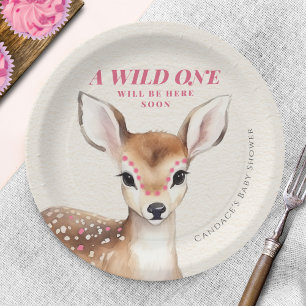 Wild One Pink Spotted Fawn Deer Baby Shower Paper Plate