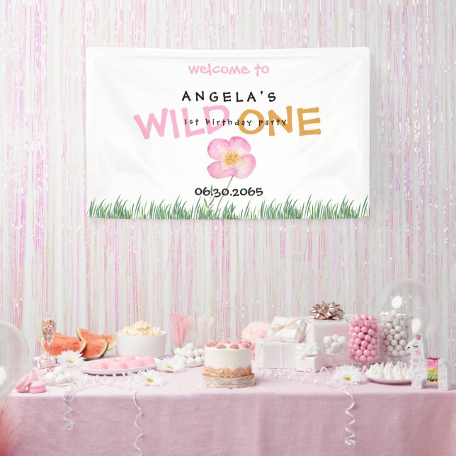 Wild One Pink Wildflower 1st Birthday Party Banner (Party)