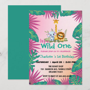 Wild One Pink zoo jungle 1st Animal Birthday girl Invitation
