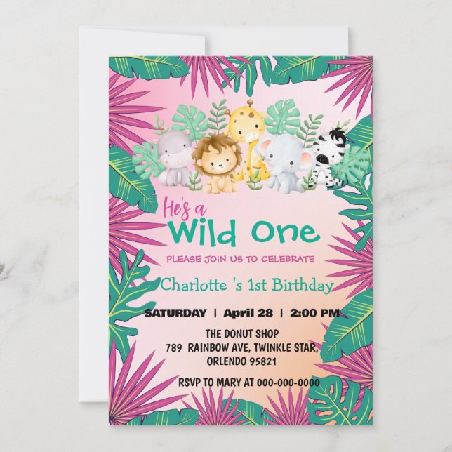Wild One Pink zoo jungle 1st Animal Birthday girl Invitation (Front)