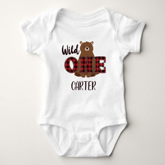 Wild ONE Plaid Bear Birthday Boy Girl Name Baby Bodysuit (Front)