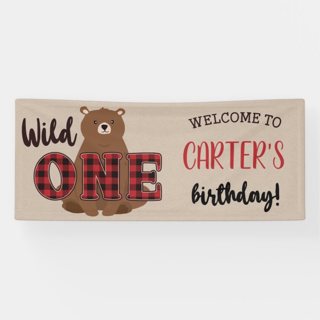 Wild ONE Plaid Bear Birthday Party Banner (Horizontal)