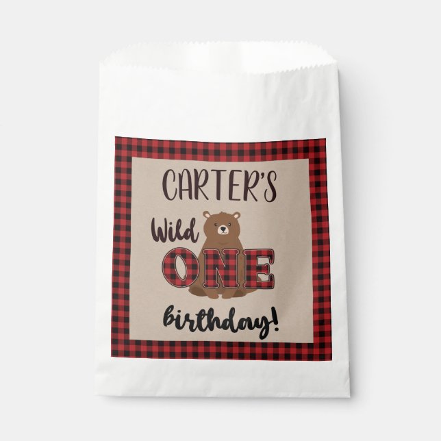 Wild ONE Plaid Bear Birthday Party Favour Bags (Front)