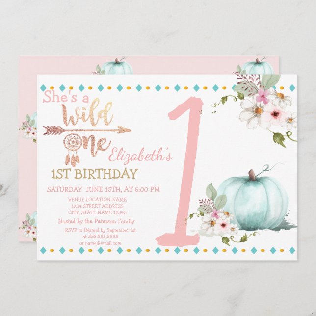 Wild One,Pumpkin, Boho Birthday  Invitation (Front/Back)