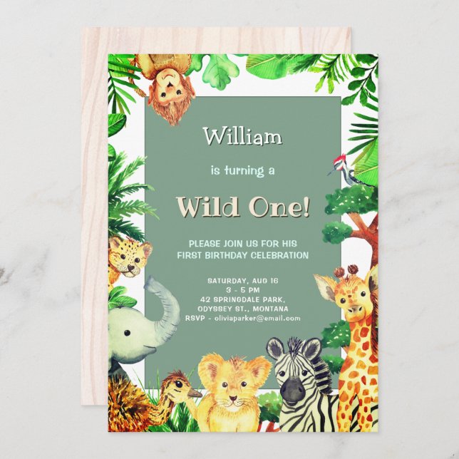 Wild One Rain Forest Animals Whimsical Birthday Invitation (Front/Back)