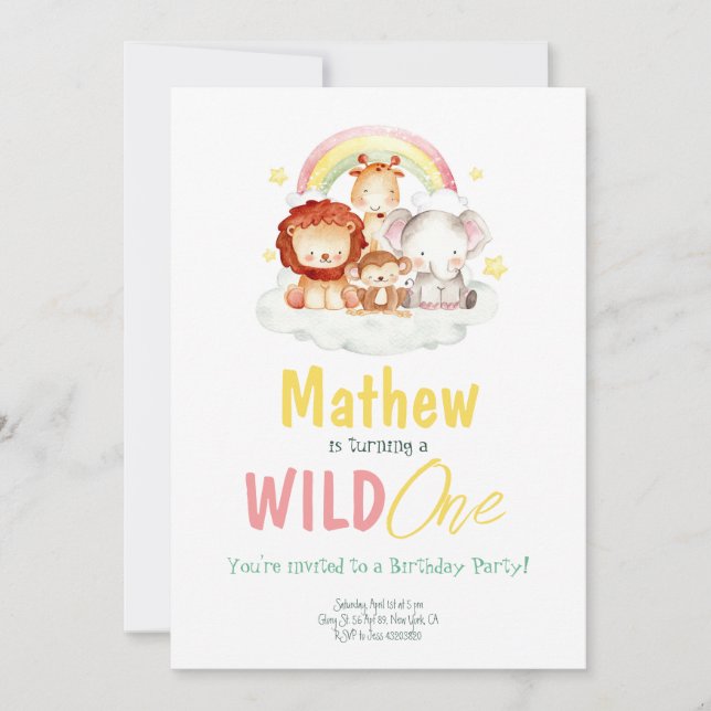 Wild One Rainbow Animals Birthday Invitation  (Front)