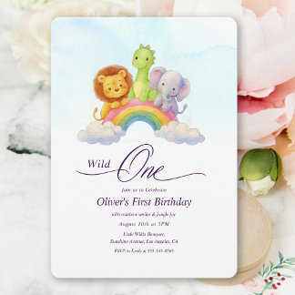 Wild One Rainbow Boys 1st Birthday Party Invitation