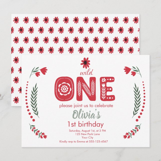 Wild One - Red Floral Folk Art 1st Birthday Party Invitation (Front/Back)