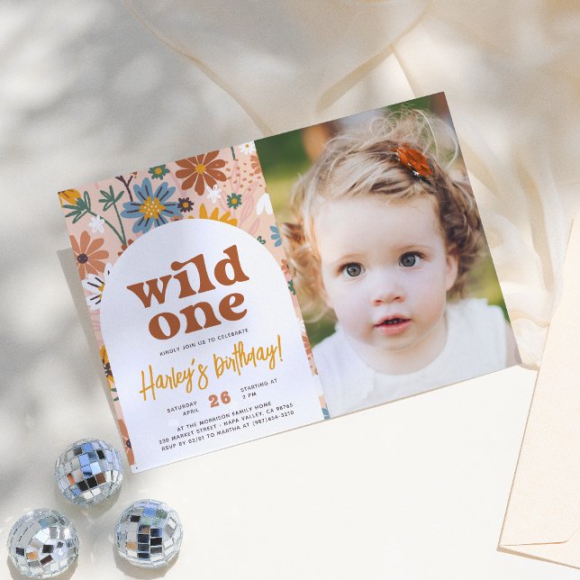 Wild One Retro Boho Wildflower 1st Birthday Photo Invitation (Creator Uploaded)