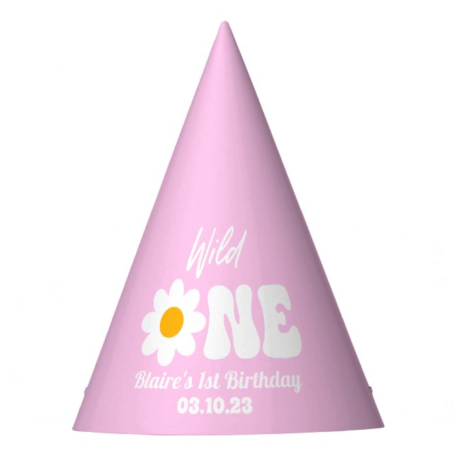 Wild ONE Retro Daisy First 1st Birthday Party Hat (Front)