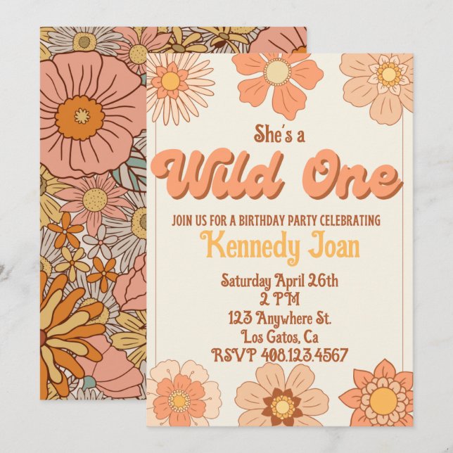 Wild One Retro Flower Invitation (Front/Back)
