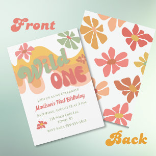 Wild One Retro Rainbow Daisy 1st Birthday Invitation