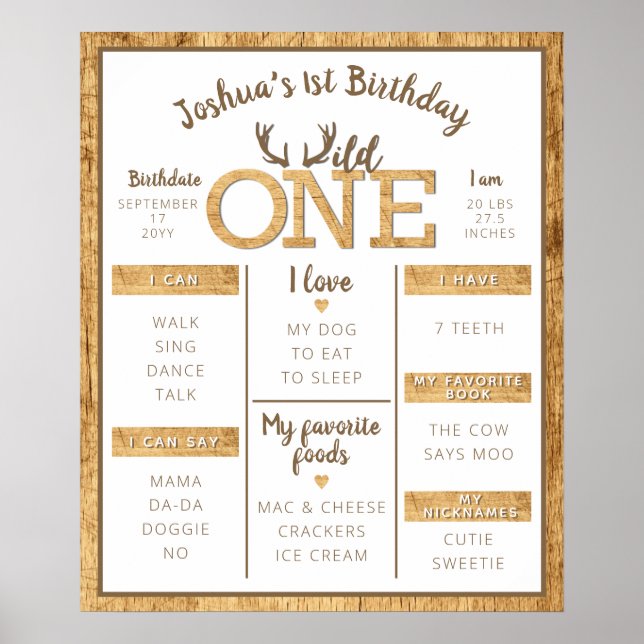 Wild One Rustic Antlers First Birthday Milestone Poster (Front)