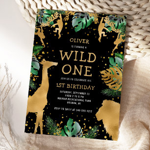 Wild One Safari 1st Birthday Black Green Gold Invitation
