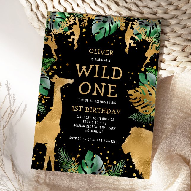 Wild One Safari 1st Birthday Black Green Gold Invitation (Creator Uploaded)