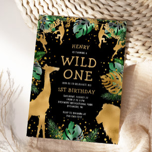 Wild One Safari 1st Birthday Black Green Gold Invitation
